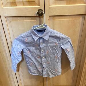 Janie and Jack Blue Button-Down Shirt with Pink Flamingo Embroidery